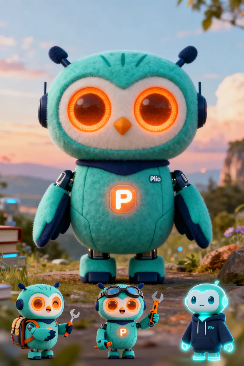 Lio — Plio Academy's AI learning companion and friends: Explorer Lio, Builder Lio, and Innovator Lio
